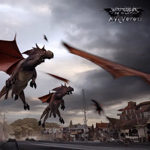 Image similar to realistic wyverns flying in a post apocalyptic street, photorealism 8k , high details