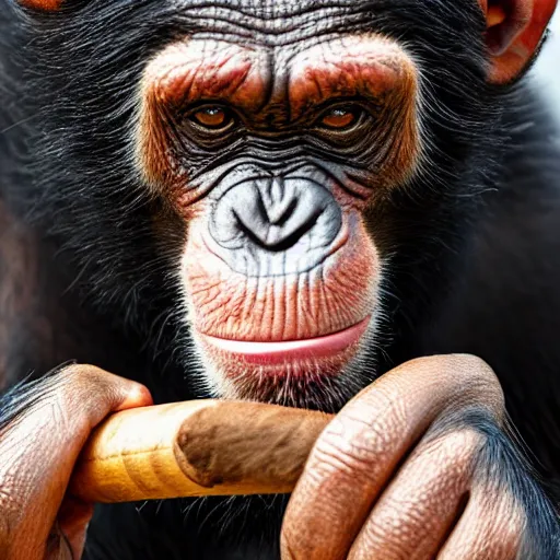 Image similar to a high detail closeup shot of a chimp wearing a suit, smoking a cigar