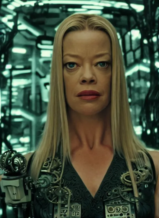 Image similar to 35mm portrait of Jeri Ryan as an intricate and sophisticated borg with eye implant, on the background of a weird magical mechanical forest. Round gears visible inside her hear. Very detailed 8k. Fantasy cyberpunk horror. Sharp. Cinematic post-processing