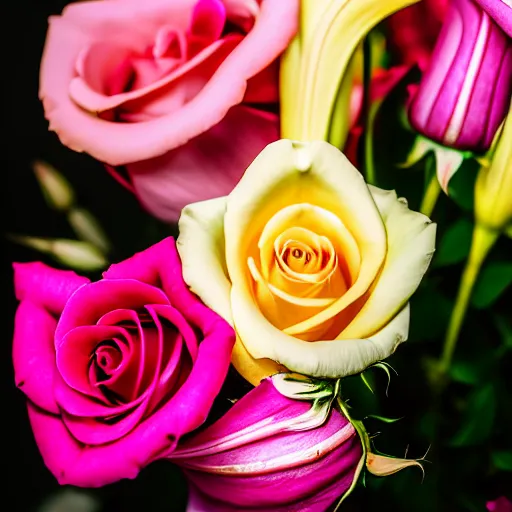Prompt: studio photo of a bouquet of different shades of pink roses and lilies. window sun reflected in a light yellow background. amazing photography and lighting, bokeh,