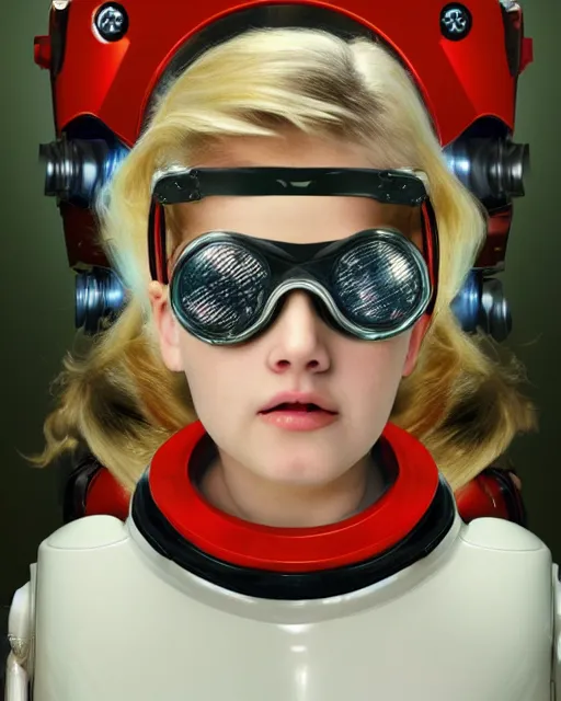 Image similar to centered portrait photo of cute young anna nicole smith as a solarpunk mecha humanoid robotic parts wearing goggles with bright lights, real human face, pudica pose by bouguereau, inside white room, ultra - realistic and detailed, 8 k