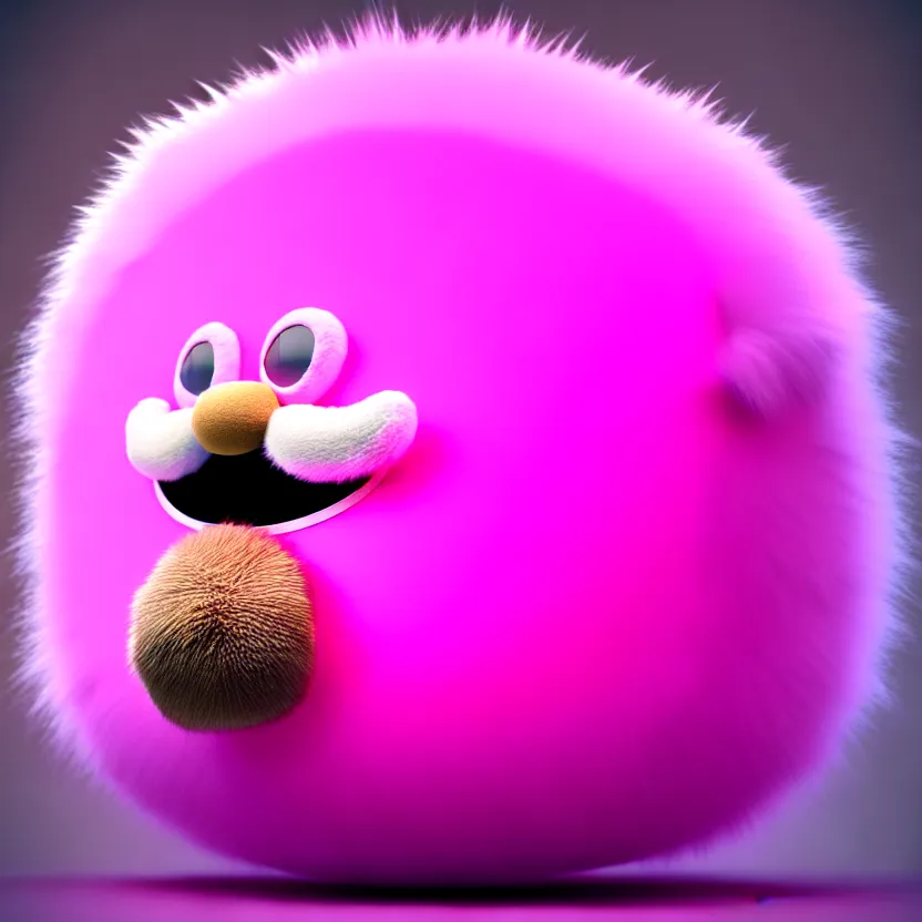 Image similar to high quality 3 d render hyperrealistic very cute big spherical creature, mustache, plush mascot, short spiky dense fluffy smooth hair, isometric 3 d, psychedelic lighting pink fluffy fur 1 cm long, 1 5 0 mm, smooth background, artstation, ultra detailed, elegant, ultra detailed, octane render