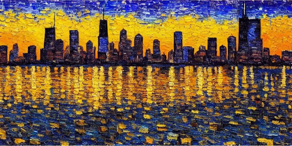 Image similar to painting of the chicago skyline in the style of van gogh sunset