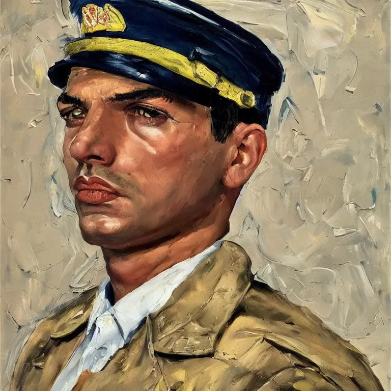 Image similar to close up studio portrait of very handsome Persian Air Force Pilot in 1967, impasto heavy brushstrokes oil painting by Lucian Freud and Tim Hawkinson and Cy Twombly, trending on artstation Studio lighting Expressionism