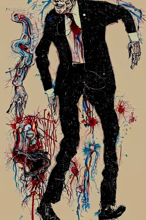 Prompt: Joe Biden full body shot, Body horror, biopunk, by Ralph Steadman, Francis Bacon, Hunter S Thompson