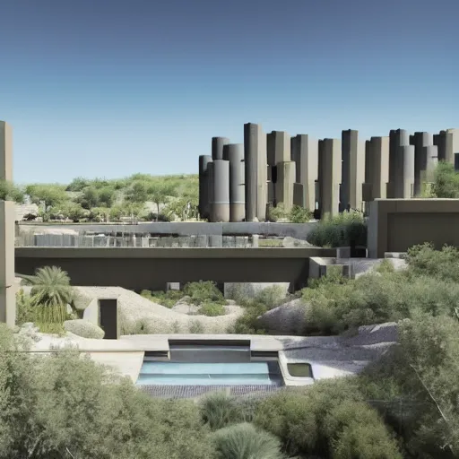 Prompt: architectural rendering of brutalism habitat 6 7 in the desert, biophilia style, pool, garden