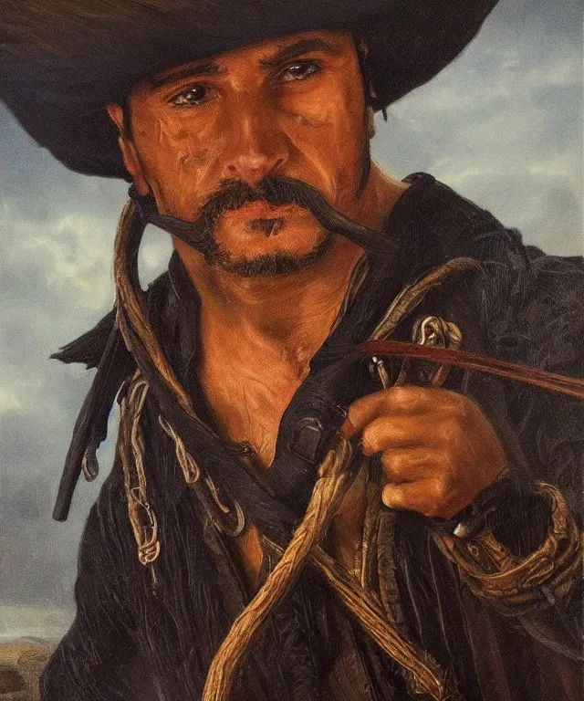 Image similar to ultra realistic color portrait painting of a spanish bandolero 1 9 th century pirate with a trabuco, dark, painted, brooding, atmospheric, landscape, smooth, epic, highly detailed, cinematic