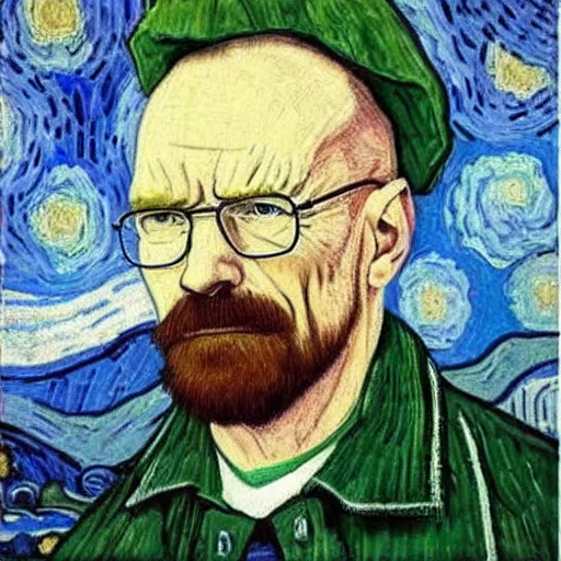 Image similar to walter white painted by van gogh, oil painting, intricate, stylized, painting