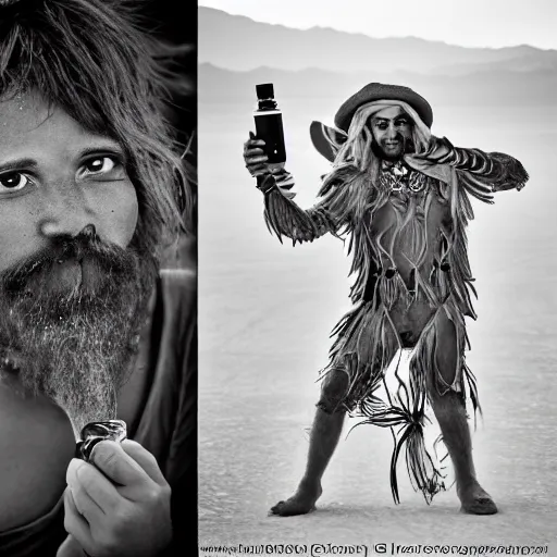 Prompt: award winning photography, magical encounter at burning man, leica 1 0 0 mm f 0. 8