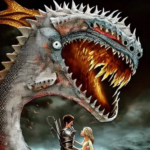 Prompt: A knight kissing a dragon. Detailed amazing wellmade movie still