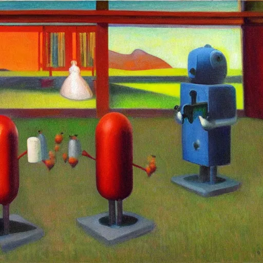Prompt: an orchard for growing robots, grant wood, pj crook, edward hopper, oil on canvas