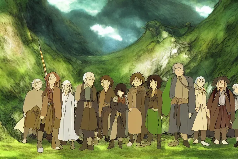 Image similar to tonemapped the fellowship of the ring by studio ghibli,