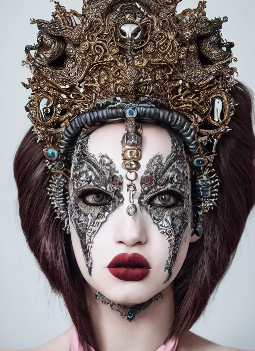 Prompt: a portrait of female by candy makeup, photorealistic, intricate details, hyper realistic, fantasy, elegant, baroque, horn, ram skull headpiece, photorealistic, photography, symmetrical features, symmetrical pose, wide angle shot, feet on the ground, wearable art, unreal engine