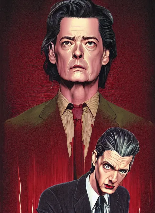 Prompt: Twin Peaks movie poster artwork by Michael Whelan and Tomer Hanuka, Rendering of Kyle MacLachlan resists the body horror, from a scene from Twin Peaks, realistic detailed image of a boys nightmare of eternal doom by Ayami Kojima, Amano, Karol Bak, Greg Hildebrandt, and Mark Brooks, Neo-Gothic, gothic, rich deep colors. Beksinski painting. art by Takato Yamamoto. masterpiece. ultra details, high quality, high resolution, clean, full of detail, Matte painting, trending on artstation and unreal engine