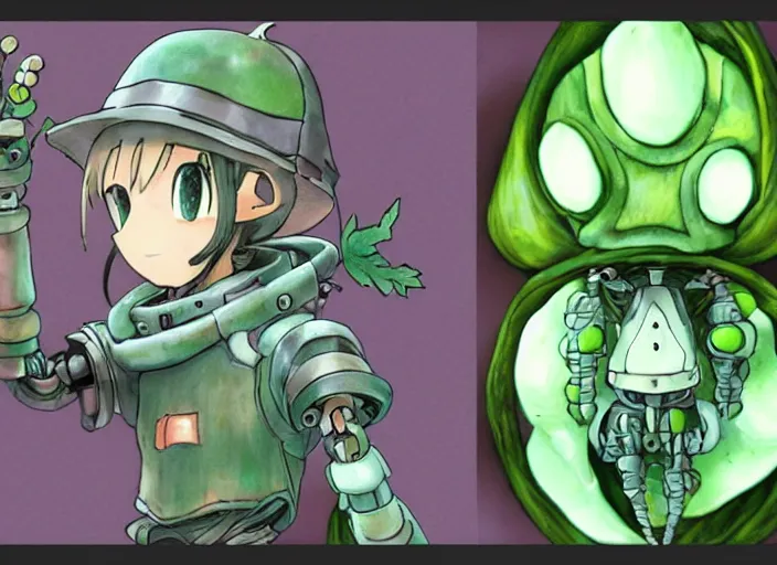 Prompt: robot made of vegetables, in made in abyss style