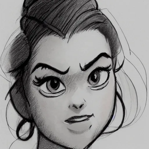 Image similar to milt kahl sketch of vanessa hudgeons with done up hair, tendrils covering face and ponytail as princess padme from star wars episode 3