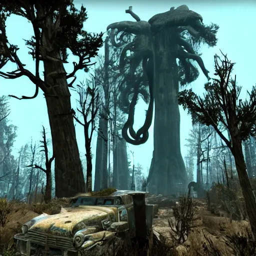 Image similar to mammoth tree forest in ruins post - nuclear war in fallout 4, in game screenshot