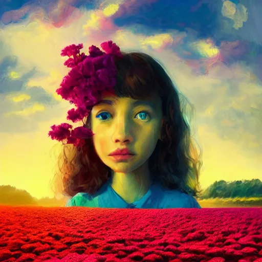 Prompt: face of carnations flower, girl in a flower field, surreal photography, sunrise dramatic light, impressionist painting, colorful clouds, digital painting, artstation, simon stalenhag, flower face