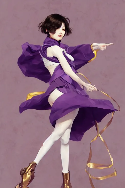 Prompt: Full View of Eunha from Viviz and gFriend with short hair wearing a purple military uniform and short puffy pants, white leggings, Golden Ribbon, and a billowy scarf. Rhythmic gymnastics poses, goddess. masterpiece 4k digital illustration by Ruan Jia and Mandy Jurgens and Artgerm and greg rutkowski, award winning, Artstation, art nouveau aesthetic, Alphonse Mucha background, intricate details, realistic, panoramic view, Hyperdetailed, 8k resolution, intricate art nouveau