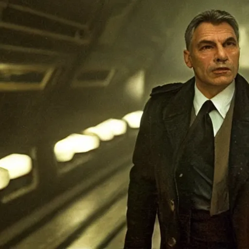 Image similar to film still blade runner with officer Deckard played by Viktor Orban