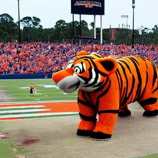 Image similar to aubie the tiger standing on a collapsed elephant, jordan hare stadium, ultra realistic