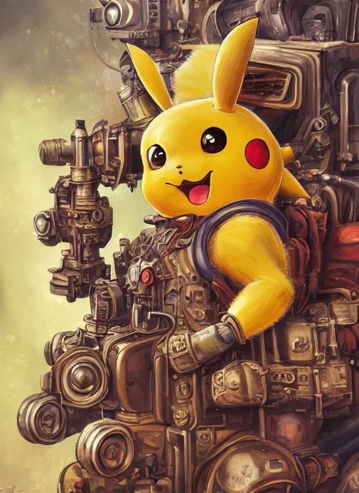 Prompt: high intricate painting of pikachu, dieselpunk, full shot, neil gaiman, maria panfilova, andrea savchenko, mike kime, ludovic plouffe, qi sheng luo, oliver cook, julian calle, eddie mendoza, trending on artstation