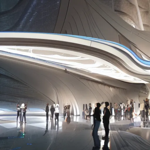 Prompt: a futuristic highly detailed temple to artificial intelligence designed by zaha hadid, humans pointing at a statue of an ai cyborg resembling athena, glowing lights, immersive experience, panoramic view, unreal engine