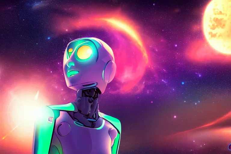 Image similar to a beautiful calm robot girl looking up at the galaxy, digital art, synthwave,