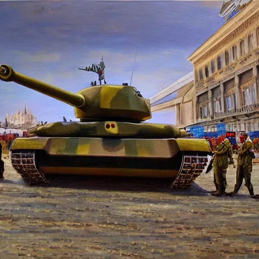 Prompt: army of the european union with tanks fighting on the streets of budapest 2 0 2 2, highly detailed oil painting