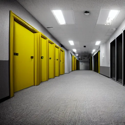 Prompt: Backrooms, old moist carpet, mono-yellow, fluorescent lights, randomly segmented rooms, creepy