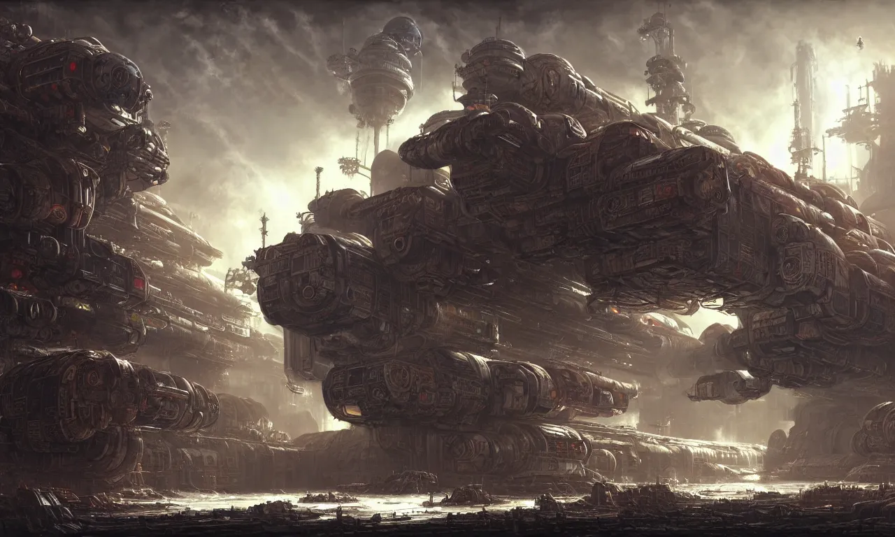 Image similar to a beautiful highly detailed matte painting of a huge derelict cargo starship, Space Hulk, WarHammer 40k by Jose Daniel Cabrera Pena and Leonid Kozienko, concept art