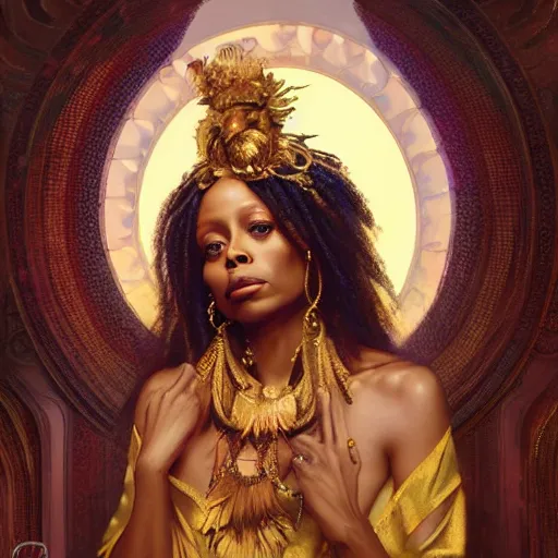 Prompt: Erykah Badu as a golden goddess , A stunning masterpiece, by Stanley Artgerm Lau, greg rutkowski, Thomas kindkade, alphonse mucha, loish, norman Rockwel