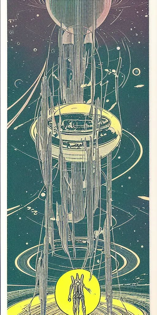 Prompt: 1968 science fiction tarot card, cut out collage, Jugendstil, xerox punk, spring on Saturn, epic theater, deep sea, mountain plants, nouvelle vague, drawings in part by moebius, part by Ernst Haekl, text by William S Boroughs, composition by bauhaus