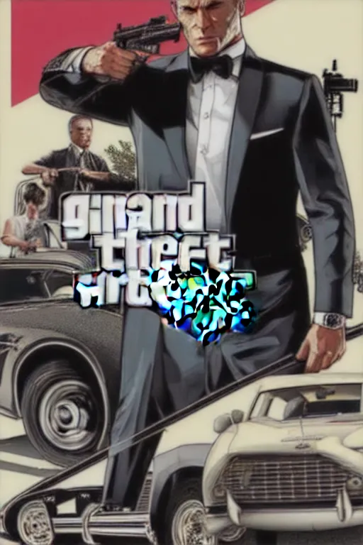 Image similar to GTA V cover art based on James Bond, starring 007 James Bond