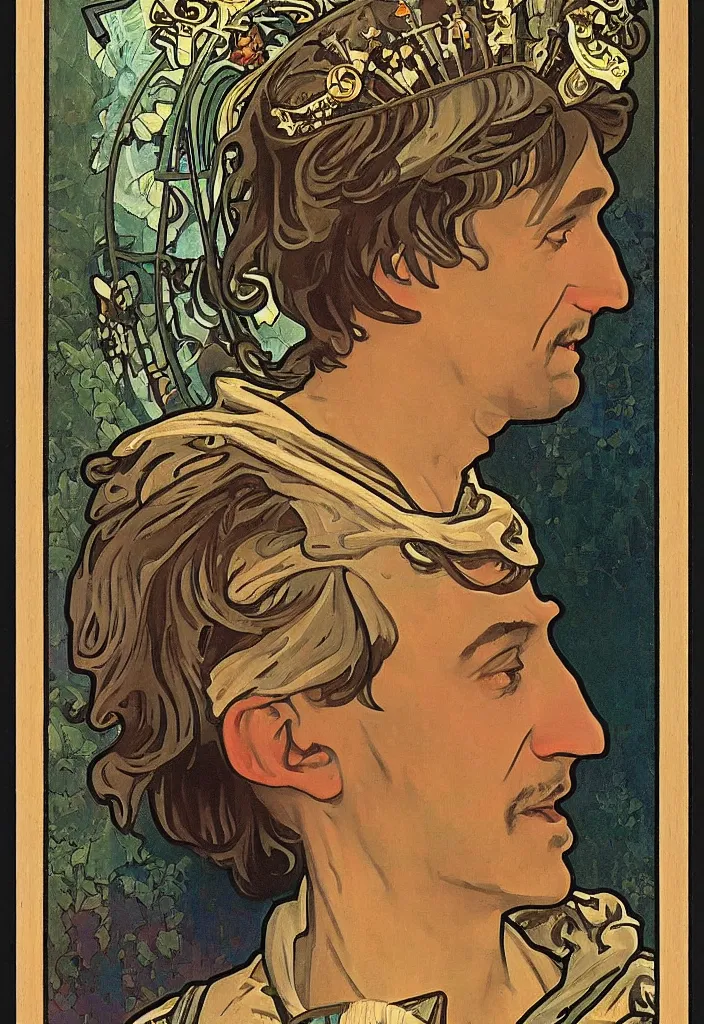 Image similar to realistic geoffrey hinton in a crown on a tarot card, tarot in art style by alphonse mucha