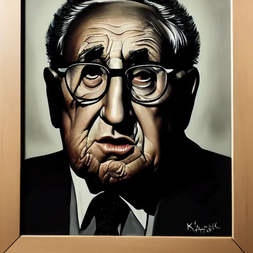 Image similar to a portrait of henry kissinger, hyper realistic, octane render, masterpiece portrait painting. dark, moody, black oil drips from his mouth and eyes, abstract brush strokes, inner glow.