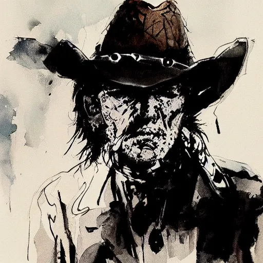 Prompt: old cowboy surrounded by dark magic, illustration by ashley wood