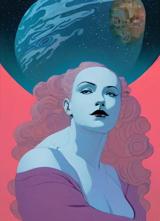 Image similar to poster artwork by michael whelan and tomer hanuka, portrait of beautiful sensual dancer in the clouds of jupiter, clean, art deco