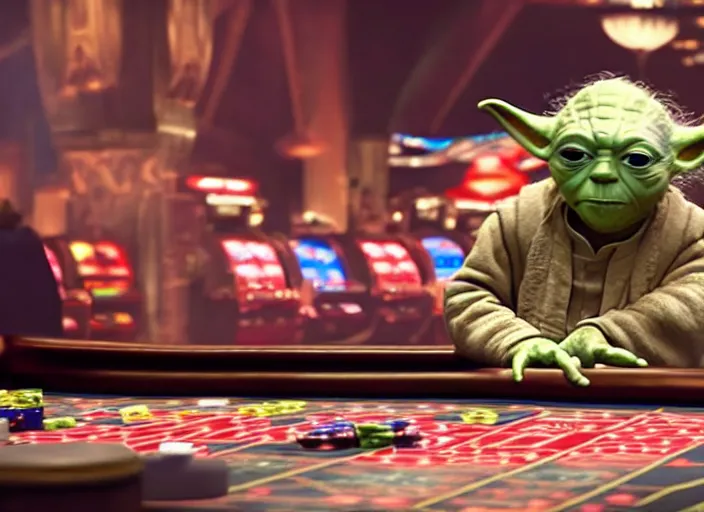 Image similar to film still of yoda gambling in Vegas in the new Star Wars movie, 4k