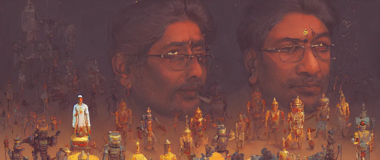 Prompt: portrait of an indian king presiding over an army of robots, art, by wlop, james jean, victo ngai! muted colors, very detailed, art fantasy by craig mullins, thomas kinkade cfg _ scale 8