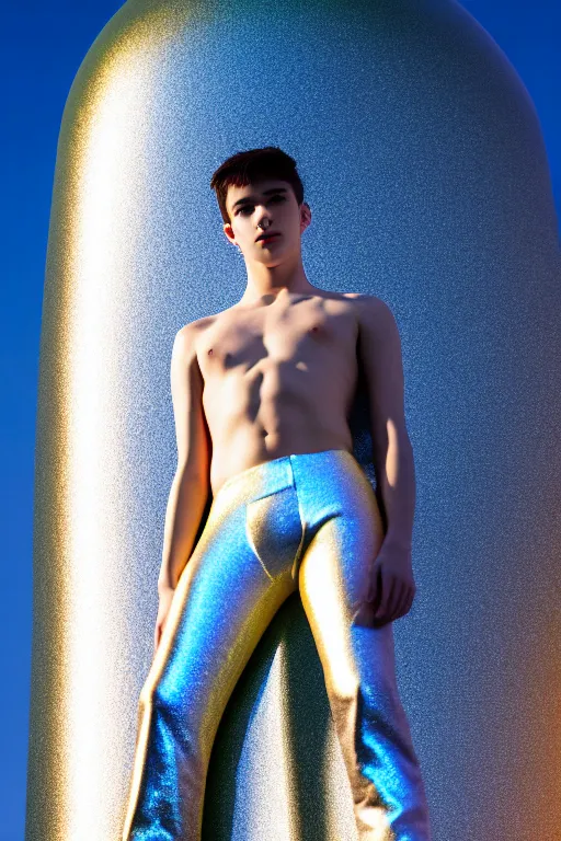 Image similar to un ultra high definition studio quality photographic art portrait of a young man standing on the rooftop of a british apartment building wearing soft baggy inflatable padded silver iridescent pearlescent clothing. three point light. extremely detailed. golden ratio, ray tracing, volumetric light, shallow depth of field. set dressed.