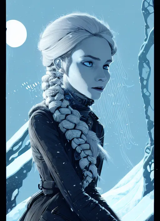 Image similar to highly detailed portrait of a hopeful frostpunk long blonde hair lady with robotic limbs, stray wiring by atey ghailan, james gilleard, by joe fenton, by greg rutkowski, by greg tocchini, by kaethe butcher, 4 k resolution, gradient blue, black and white color scheme!!! ( ( glacier cave background ) )