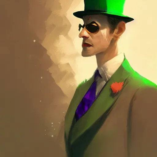 Prompt: man, Wearing green suit, Wearing green tophat, wearing purple undershirt, wearing shades, drinking tea, by Viktor Antonov,, greg rutkowski, fantasy, D&D, trending on artstation, smooth, sharp focus