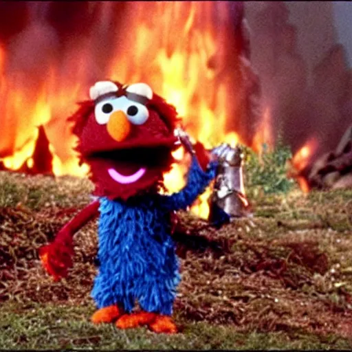 Image similar to “film still of Bert from Sesame Street throwing the one ring into the fires of Mount Doom, directed by Peter Jackson”