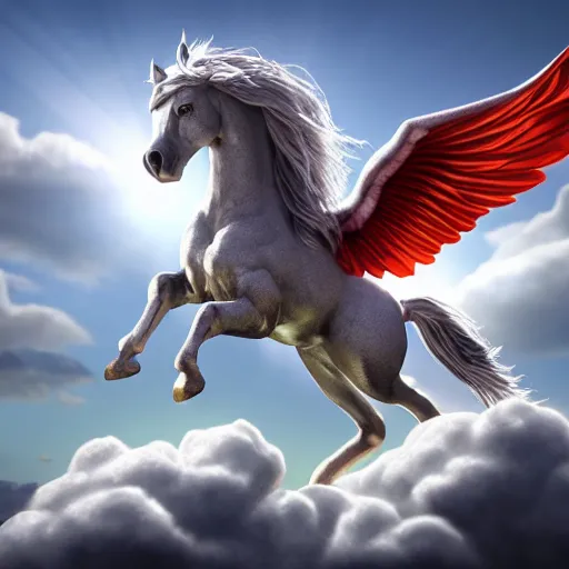 Image similar to pegasus over the clouds highly detailed, photorealistic portrait, bright studio setting, studio lighting, crisp quality and light reflections, unreal engine 5 quality render