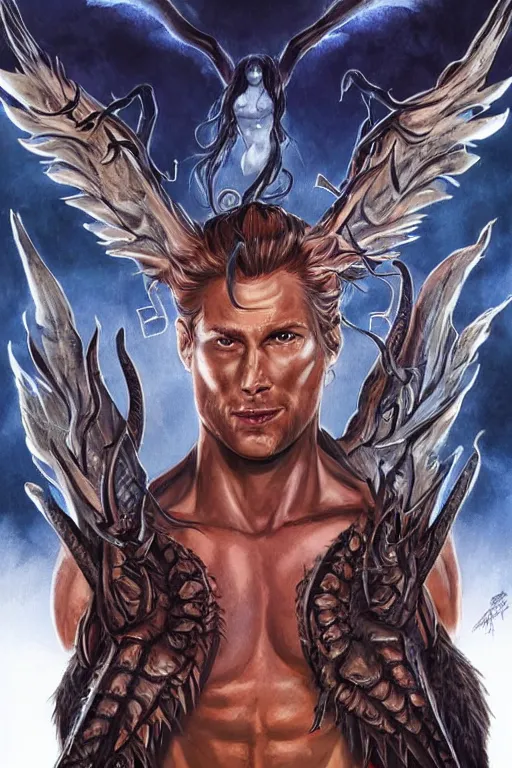 Image similar to front portrait of attractive sam winchester as a belcebu with demon wings wide open, clothes torn apart, muscular chest tattooed with runes and symbols, d & d!, fantasy style, sharp focus!, ultra detailed, art by artgerm and peter andrew jones, wlop