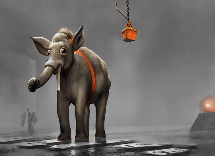 Prompt: uhd photorealisitc nazi donkey holding a press conference in a sewer. a hanging elephant with orange hair is being hanged in the distance. dark, concept art, cinematic, dramatic, atmospheric, 8 k, trending on artstation, low visibility, fog, christopher nolan, interstellar