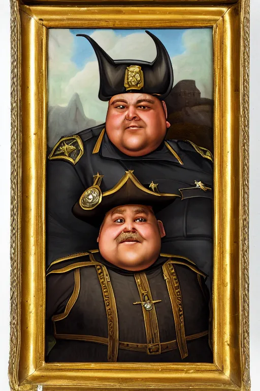 Image similar to high fantasy elf mall cop with a sheriff's badge that is fat, shifty, 1500s Oil Portrait, Carvagio