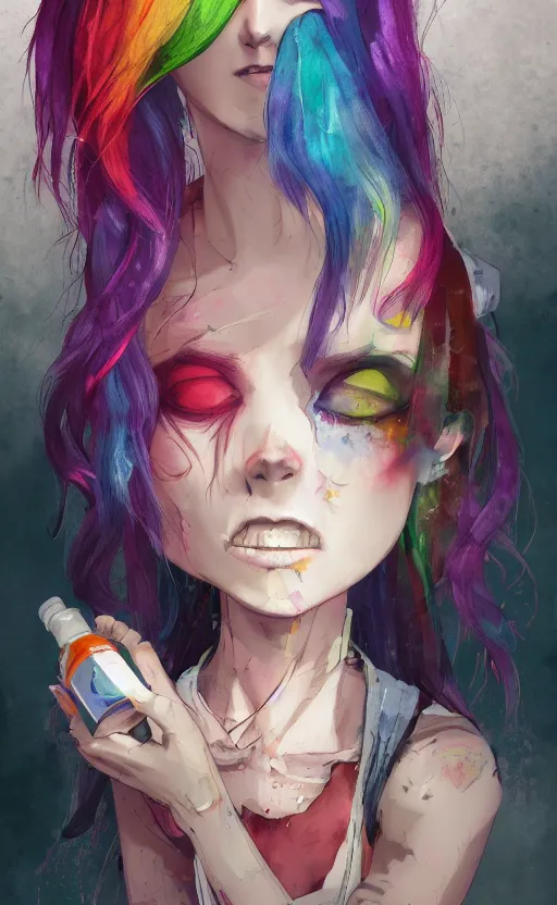 Prompt: a grungy woman with rainbow hair, drunk, holding bottle, soft eyes and narrow chin, dainty figure, long hair straight down, torn kawaii shirt and baggy jeans, basic white background, In style of by Jordan Grimmer and greg rutkowski, crisp lines and color,