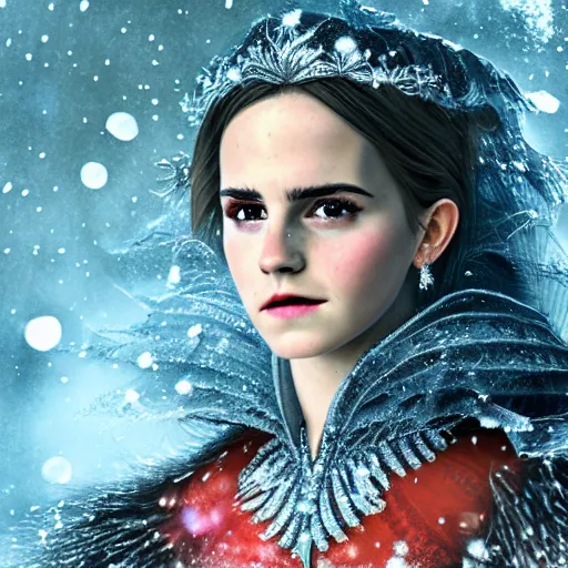 Image similar to Portrait shot, Emma Watson as the Queen of Ice, Ice crystal armor, snow falling, 4k, digital art, trending on art station, hd, doll, colorful backdrop, film grain, gritty, high res, high detail, 8k, render